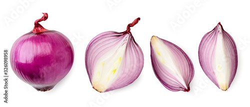Cuadros en Lienzo Set of red onions whole, half and quarter close-up
