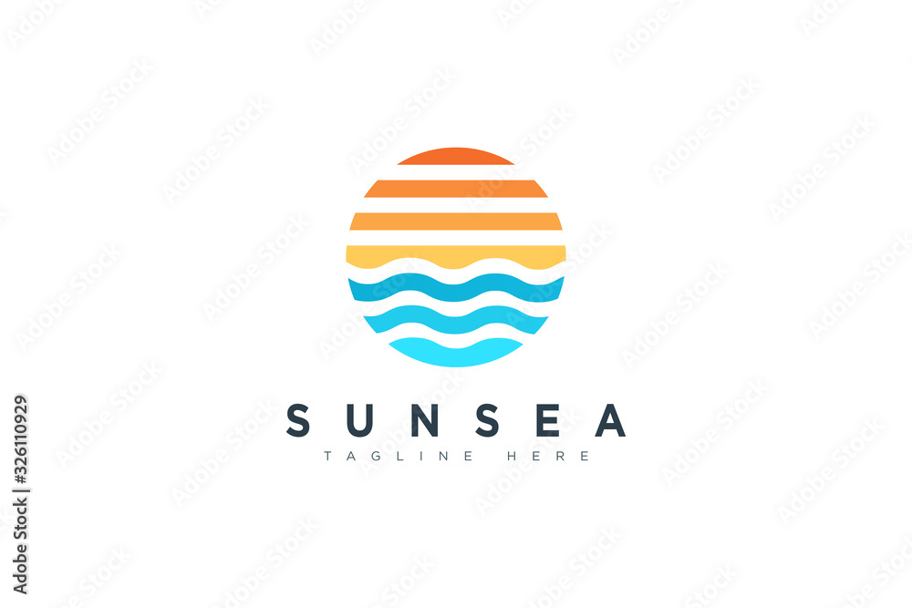 Abstract Vintage Circular Sun and Sea Wave Logo. Flat Vector Logo ...