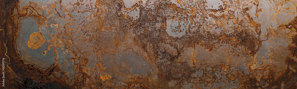 Steel textured metal sheet with heavy rust. Background banner. Top view. Flat lay - obrazy, fototapety, plakaty 