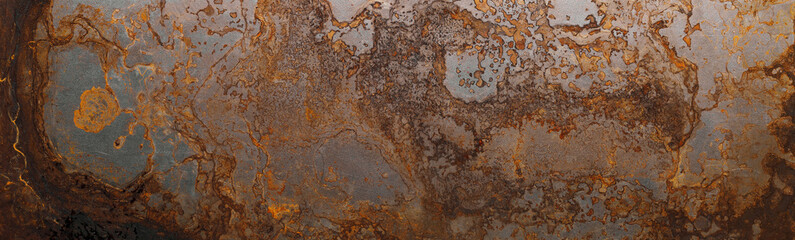 steel textured metal sheet with heavy rust. background banner. top view. flat lay