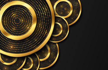 Abstract luxury background with gold circle shape and golden glitter particles. Elegant background wallpaper template