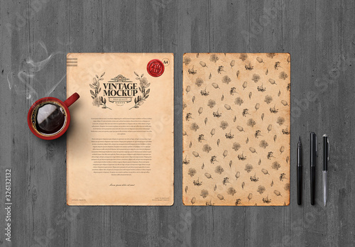 Download Vintage Paper Pens And Coffee Mockup Stock Template Adobe Stock