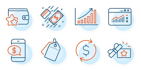 Graph chart, Phone payment and Web traffic signs. Dollar exchange, Loyalty gift and Payment line icons set. Sale tags, Loyalty program symbols. Banking rates, Bonus award. Finance set. Vector
