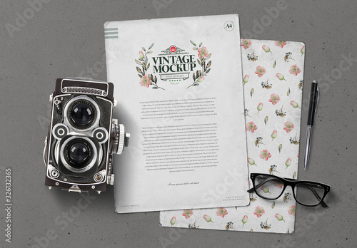 Download Vintage Paper Camera Glasses And Pen Mockup Buy This Stock Template And Explore Similar Templates At Adobe Stock Adobe Stock PSD Mockup Templates
