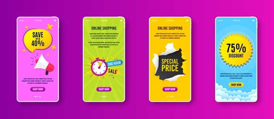 One hour sale icon. Phone screen banner. Discount banner shape. Special offer timer icon. Sale banner on smartphone screen. Mobile phone web template. One hour promotion. Vector