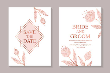 Set of luxury floral wedding invitation design or greeting card templates with rose gold and pink flowers on a white background.