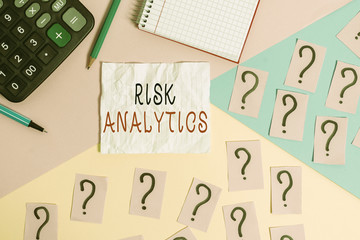 Poster - Handwriting text writing Risk Analytics. Conceptual photo study of underlying uncertainty of a given course of action Mathematics stuff and writing equipment above pastel colours background