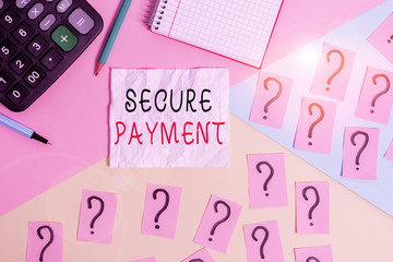 Leinwandbilder - Handwriting text writing Secure Payment. Conceptual photo webpage where credit card numbers are entered is secured Mathematics stuff and writing equipment above pastel colours background