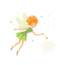 Cute Green Fairy In Flight With A Magic Wand