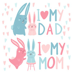 Cute hare rabbits mother father and baby. Vector childish illustration in simple cartoon hand-drawn style. Pink-blue palette. Greeting card for mother's day and father's day