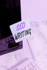 Poster - Handwriting text writing Seo Writing. Conceptual photo grabbing the attention of the search engines using specific word Notation paper taped to black computer monitor screen near white keyboard