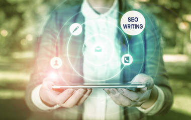 Poster - Writing note showing Seo Writing. Business concept for grabbing the attention of the search engines using specific word