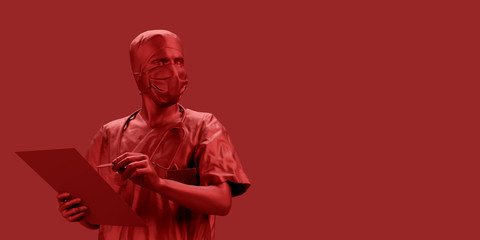 Silhouette of doctor in medical mask is holding notepad and pen isolated on red background. Panoramic banner with copy space for information or graphic. 3d illustration.