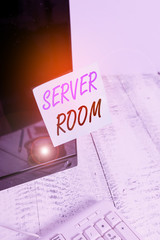 Fototapete - Handwriting text writing Server Room. Conceptual photo a room used to store power and operate computer servers Notation paper taped to black computer monitor screen near white keyboard