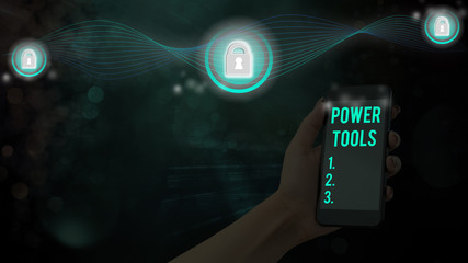 Poster - Text sign showing Power Tools. Business photo showcasing tool that is actuated by additional power source and mechanism