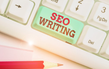 Poster - Word writing text Seo Writing. Business photo showcasing grabbing the attention of the search engines using specific word