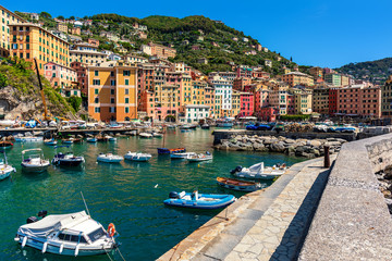 Wall Mural - Boats along pier in small harbour of Camogli, Italy.