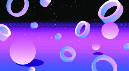 Poster - Retrofuturistic virtual reality landscape with perspective laser grid and floating in zero gravity neon shapes. 