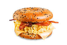 Fried Bacon Cheese Egg Salad Bagel On A White Isolated Background