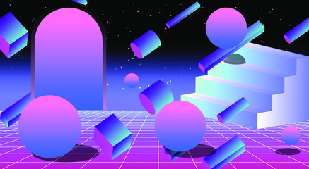 Aufkleber - Surreal retrowave and vaporwave style illustration with staircase and arch on endless laser grid.