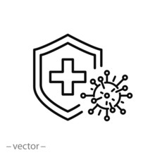 Immune From Flu Germ Icon, Virus Protection, Hygiene Shield, Bacterial Prevention, Thin Line Web Symbol On White Background - Editable Stroke Vector Illustration Eps10