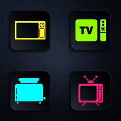 Sticker - Set Television, Microwave oven , Toaster with toasts and TV box receiver and player with remote controller . Black square button. Vector