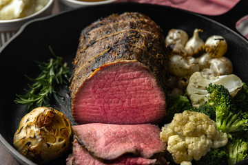 Wall Mural - eye of round roasted beef on iron skillet pan