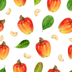 Wall Mural - Cashew hand drawn watercolor illustration. Seamless pattern.