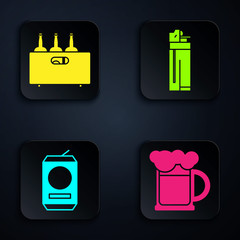 Sticker - Set Wooden beer mug , Bottles of wine in a wooden box , Beer can and Lighter . Black square button. Vector