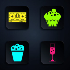 Sticker - Set Glass of champagne , DJ remote for playing and mixing music , Popcorn in cardboard box and Muffin . Black square button. Vector