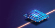 Futuristic microchip processor with lights on the blue background. Quantum computer, large data processing, database concept. Future technology development CPU and microprocessors for machine learning