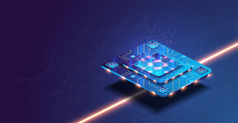 Poster - futuristic microchip processor with lights on the blue background. quantum computer, large data proc