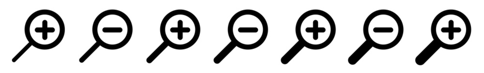 Wall Mural - magnifying glass plus minus icon black | magnifier illustration | zoom in out symbol | loupe logo | 
