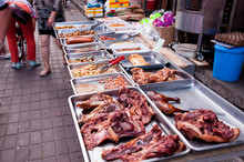 China, Heihe, July 2019: Sale Of Dried Meat, Streets Of The Chinese City Of Heihe In The Summer