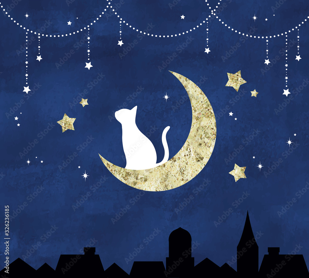 三日月の上の猫と星空 の Stock ベクター | Adobe Stock