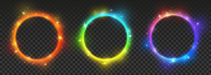 Set of bright color neon circles with transparent effects - vector shiny round frames for Your design