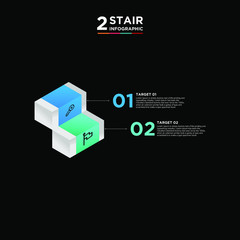 Wall Mural - 2 stair step timeline infographic element. Business concept with two options and number, steps or processes. data visualization. Vector illustration. isolated black and white background