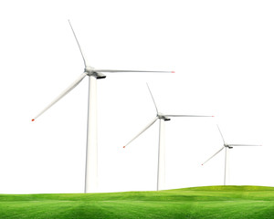 Green ecology concept of wind turbine isolated on white background.