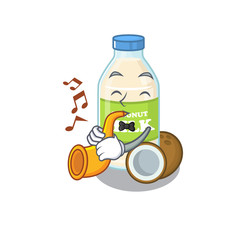 Sticker - mascot design concept of coconut milk playing a trumpet