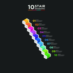 Wall Mural - 10 stair step timeline infographic element. Business concept with ten options and number, steps or processes. data visualization. Vector illustration. isolated black background