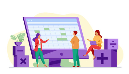 Colleagues discussing accounting statistics report using software vector illustration. Bookkeeping and audit for annual and financial reporting concept for business presentation slides