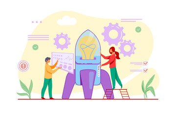 Canvas Print - Man setting rocket, woman pushing button on spaceship. Rocket launch flat vector illustration. Startup concept for banner, website design or landing web page