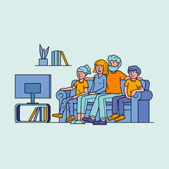 Wall Mural - Happy family watching television together. People watch tv in living room flat vector illustration. Parents and children get entertainment, relax, watching show channel, movie, film sitting on couch