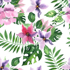  Watercolor floral seamless pattern with pink and lilac tropical flowers magnolias and leaves