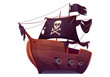 Vector wooden pirate boat with black sails. Corsair ship with black flag, cannons, skull and crossbones on canvas. Cartoon old wooden ship, vintage galleon isolated on white background