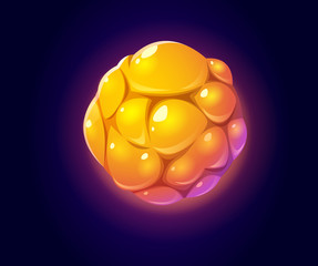 Wall Mural - Fantasy space planet for ui galaxy game. Vector cartoon icon of magic dumpling alien world, fantastic cosmic object with orange bubbles. Illustration of unusual astronomy