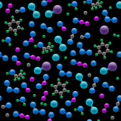 Poster - Chemistry atomic molecular 3d structure seamless pattern. Abstract design concept for science biotechnology chemical industry. Vector atoms and molecules texture on black background eps illustration