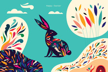 Colorful Illustration With Hare. Happy Easter Greeting Card With Decorative Easter Bunny	