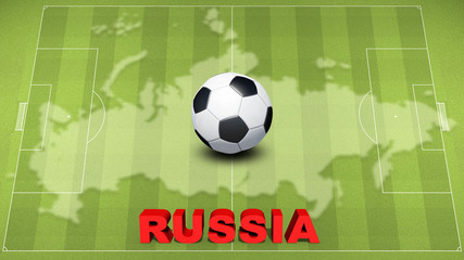 green football field with russia lettering and soccer ball 3d illustration against map of russia on 