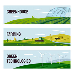 Wall Mural - Set of horizontal banners with farming landscape, greenhouse, green technologies. Vector illustration of agricultural machinery, hay field, wind turbines, cultivated farm land. Template for web, flyer